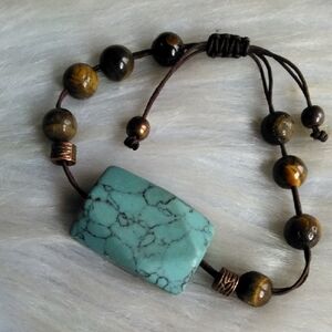 Blue Howlite And Tigers Eye Gemstone Adjustable Bracelet
